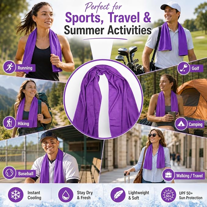 Cooling Towel for Neck and Face - 43.3" x 15.7" - Quick-Dry Microfiber - Ideal for Hot Weather, Gym, Fitness, Camping, Yoga, Run Gift - Purple