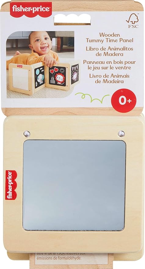 Fisher-Price Wood Baby Toy Tummy Time Panel, Newborn Sensory Activity with Mirror & High Contrast Designs for Infants Ages 0+ Months