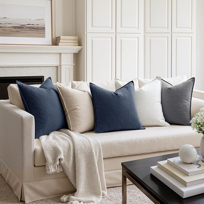 MIULEE Decorative Linen Pillow Covers 20x20 Inch Indigo Blue | Boho Farmhouse Neutral Couch Throw Pillows for Bed, Pack of 2 Accent Coastal Modern Pillowcases, Sofa Livingroom Home Decor