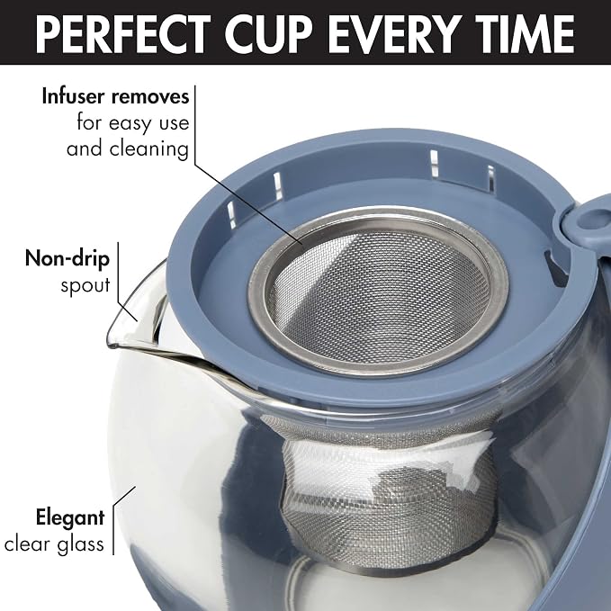 Primula Half Moon Teapot with Removable Infuser, Glass Tea Maker with Reusable Fine Mesh Stainless Steel Filter, Dishwasher Safe, 40-Ounce, Blue