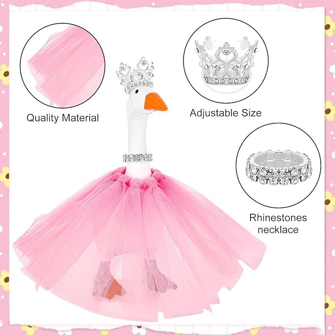 3 Pcs Desk Goose Outfits with Crown Rhinestone Necklace Pink Tutu Dress Princess Costume for 7inch Magnetic Key Holder Mini Goose Statue