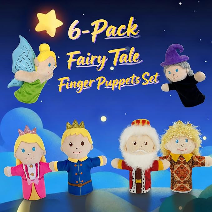 6 Pcs Fairy Tale Finger Puppets Set,4 inch Fairy Tale Members Soft Plush Hand Puppets for Kids Mini Toys,Finger Puppets for Toddlers Princess Puppet Storytelling Role-Playing