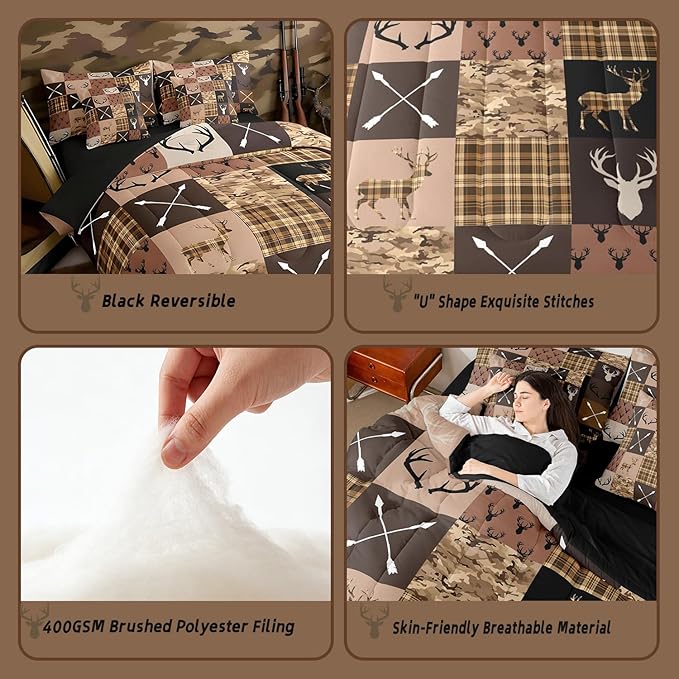 Feelyou Hunting Camo Deer Comforter Set with Sheets 7 Piece Queen Size Rustic Western Farmhouse Bedding Set for Kids Boys Girls Wildlife Animal Bed in a Bag Camouflage Hunter Room Decor Soft