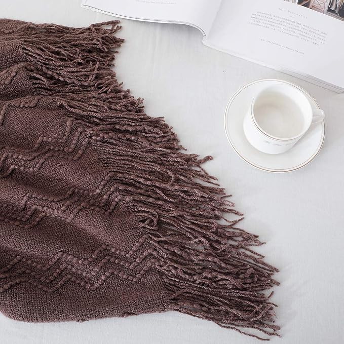 BOURINA Brown Throw Blanket 50x60 Inch Boho Knitted Soft Throw Sofa Blanket | Knitted Throw Blanket 50x60 Inches, Soft Lightweight Boho Weave Throw Decorative Couch Blanket for Living Room Bedroom Chair