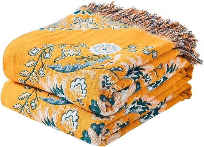 XIBLC Boho Throw Blanket, 100% Cotton Ultra Soft Luxury Throw Rustic Quilt, Floral Printed Farmhouse Decor Bed Summer Blankets, All Season Rustic Reversible Bohemian Throw for Bed (80"x90" Yellow