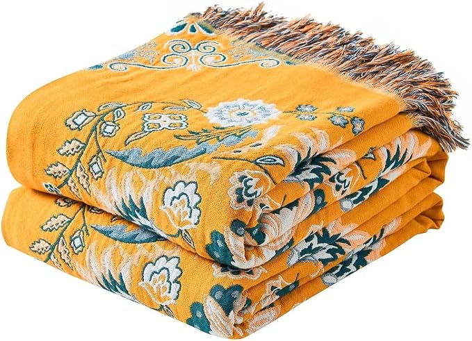 XIBLC Boho Throw Blanket, 100% Cotton Ultra Soft Luxury Throw Rustic Quilt, Floral Printed Farmhouse Decor Bed Summer Blankets, All Season Rustic Reversible Bohemian Throw for Bed (90"x98" Yellow