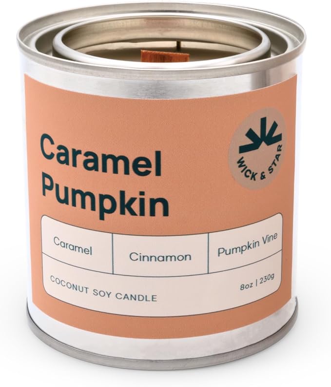 Wick & Star Vegan, Wood Wick, Natural Coconut Soy Wax Aromatherapy Candle, Clean Burning (Caramel Pumpkin)
