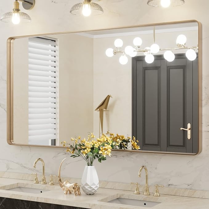 LOAAO 55"X30" Gold Bathroom Mirror | Rounded Rectangle, Brushed Gold Frame, Wall-Mounted, Anti-Rust, Tempered Glass, Hangs Horizontally or Vertically