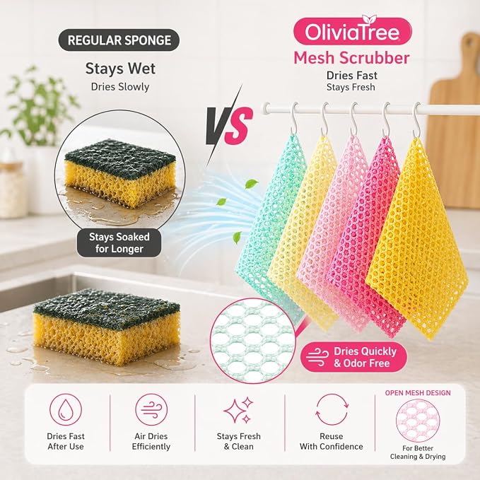 OliviaTree Dish Scrubber 5 Pack, Non Scratch Reusable Mesh Scrub Cloth for Washing Dishes Pots Pans Sink, Quick Dry Odor Resistant Sponge Alternative, Korean Kitchen Cleaning Pad 11 x 11 Inch