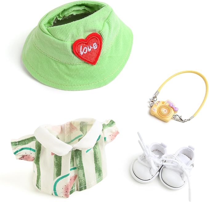 17cm Doll Clothes for Labubu - Kawaii Clown Style Set - Doll's Hat & Doll's Clothing & Doll's Shoes & Camera, Cute Doll Outfit with Accessories for Display, Collectors, Gift - Green (NO Dolls)