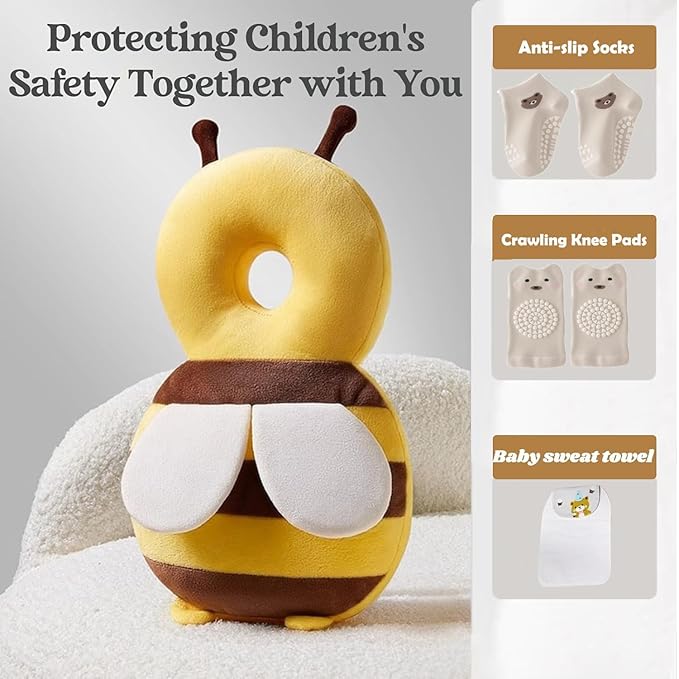 Baby Head Protector Backpack, Toddler Baby Head Protection Backpack with Baby Knee Pads Alarm Function for Walking & Crawling, Soft, Breathable and Wearing Safety Baby Head Protector - Yellow Bee