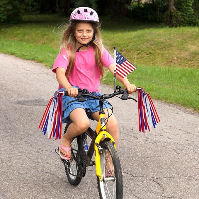 PLATT Kids Bicycle Streamers & Bike Handlebar American Flag Set, 4th of July Patriotic Bicycle Decoration for Girls Boys Bike Scooter, Independence Day Kids Bike Parade (Blue&Red&White)