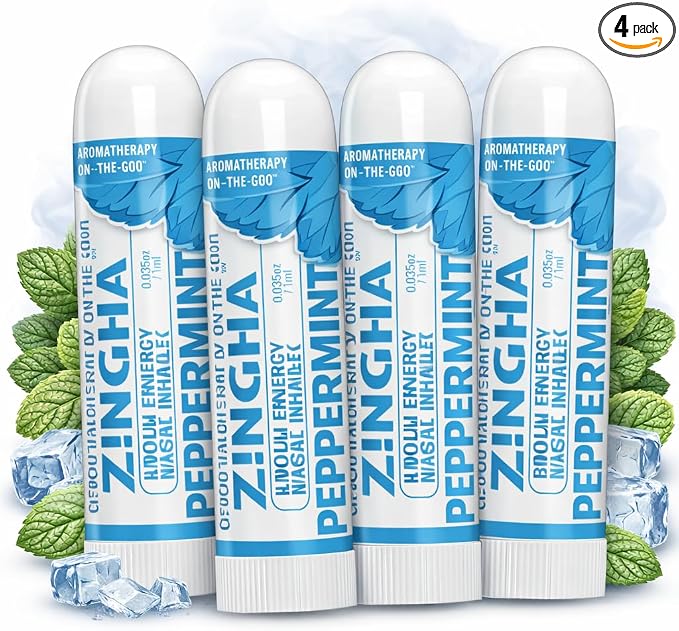 Z!NGHA Natural Aromatherapy Nasal Inhaler Stick for Sinus Relief, Focus & Stress Relief | Portable Dual-Hole Essential Oil Blend (4PK, Peppermint)