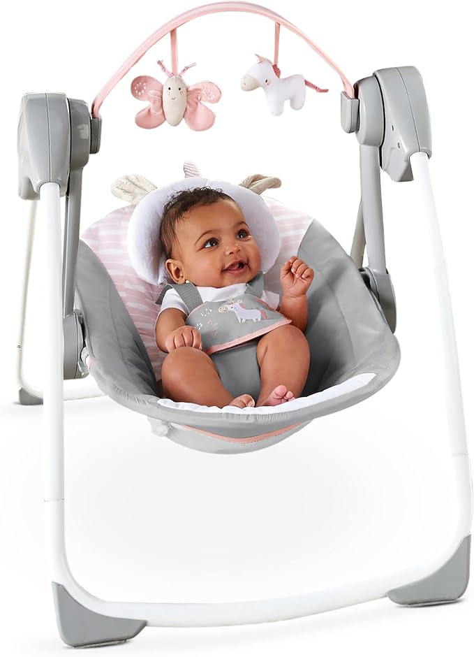 Ingenuity Comfort 2 Go Compact Portable 6-Speed Cushioned Baby Swing with Music, Folds Easy, 0-9 Months 6-20 lbs (Pink Flora the Unicorn)