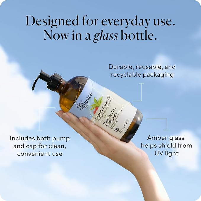 Sky Organics Organic Castor Oil glass bottle for Hair, Lashes & Brows 100% Pure & Cold-Pressed USDA Certified Organic to Strengthen, Moisturize & Condition, 16 fl. Oz