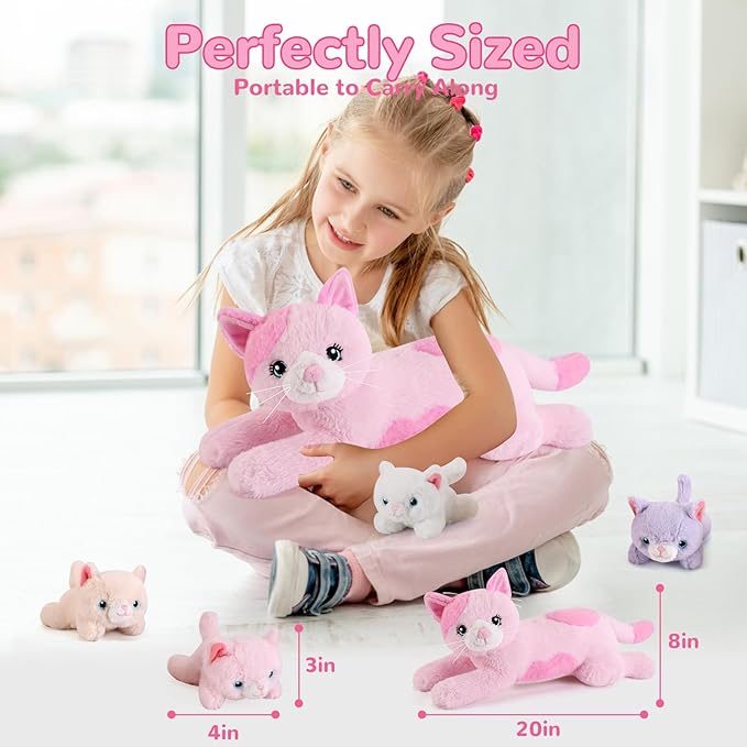 5 Pieces Cat Stuffed Animals with Babies Inside Belly - 1 Mommy Stuffed Cat with 4 Kittens - Stuffed Kitty Plush Toys for Kid Age 3-8, Gift Ideal for Christmas, Valentine's, Birthday (Pink)