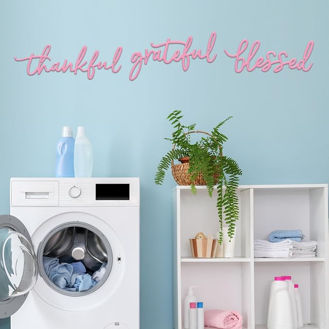 Thankful Grateful Blessed Letter Sign Metal Wall Decor, 3 Pieces Pink Letters Wall Art for Bathroom Bedroom Metal Words Wall Decor for Home Decor (Pink)