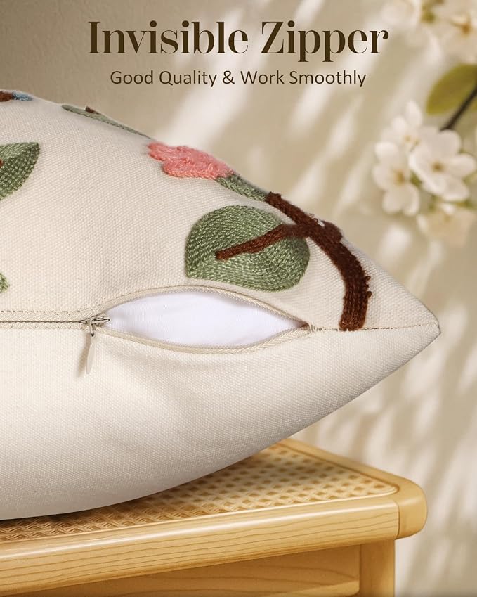 Embroidered Throw Pillow Cover 20x20 Inch, Bird Lemon | Decorative Pillow Cover, Farmhouse Cushion Case with Hidden Zipper, Cottagecore Decor for Couch, Sofa, Living Room, Bedroom