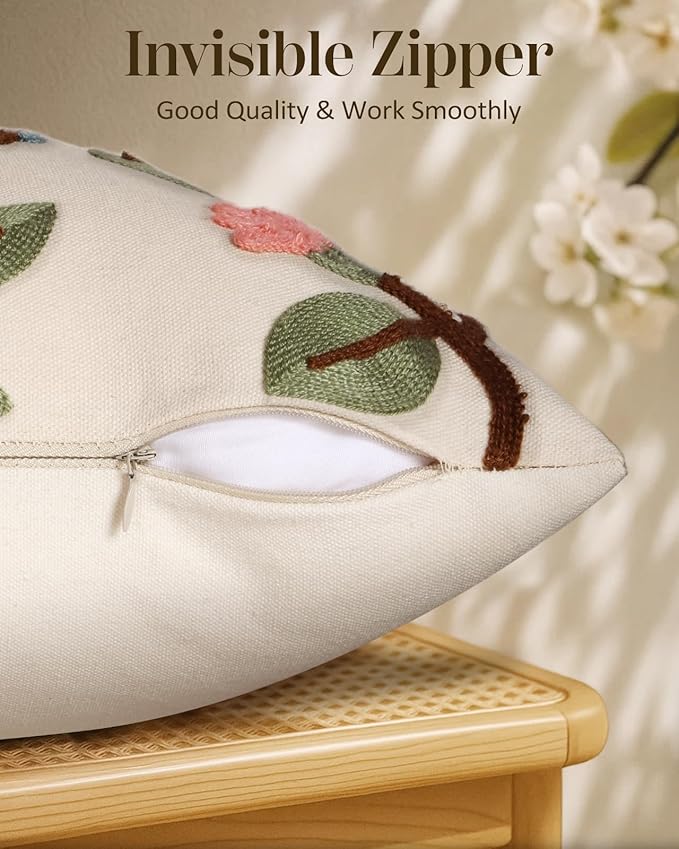 Embroidered Lumbar Pillow Cover 20x12 Inch, Bird Lemon | Decorative Throw Pillow Cover, Farmhouse Cushion Case with Hidden Zipper, Cottagecore Decor for Couch, Sofa, Living Room