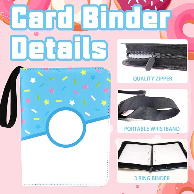 4 Pocket Card Binder 400 Card Holder Album, Pink Donut Trading Cards Holder Zipper Binder for Girl Teen Collection (Blue Donut, 400 Pocket)