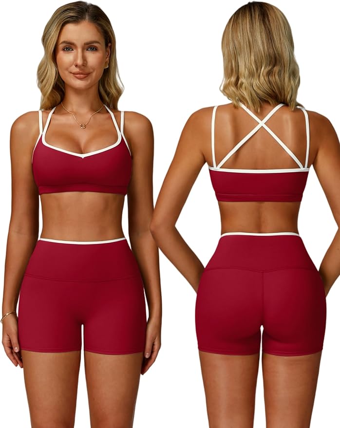 ABOCIW Workout Sets for Women 2 Piece Color Block Strappy Sports Bra High Waist Shorts Gym Yoga Pilates Outfits