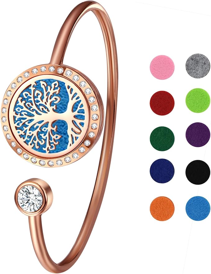 Cupimatch Essential Oil Diffuser Bracelet: Tree of Life Stainless Steel Aromatherapy Bracelets Adjustable with 10 Color Pads Jewelry Gift Set for Women for Mothers Day