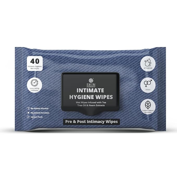 Skin Elements Intimate Hygiene Wipes | Unisex | pH Balanced Wet Wipes | Tea Tree Oil & Neem Extracts | 40 Intimate Hygiene Wipes | Pre and Post Intimacy