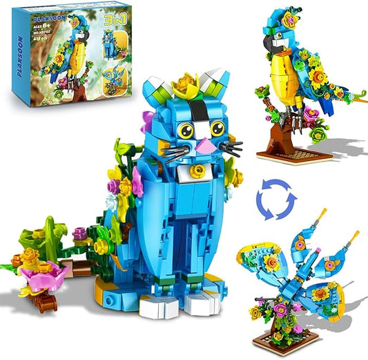 Flower Cat Building Set, 3 in 1 Floral Parrot Butterfly Animal Figure Building Toy for Home Office Art Decor, 412 PCS Building Block Gift for Adults Kids Boys Girls Ages 8 9 10 11 12+