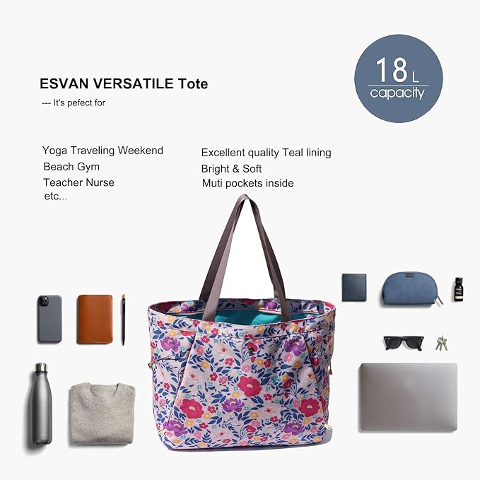 ESVAN Yoga Tote Bag for Women Drawstring Canvas Shoulder Bags for Workout Travel Carryall Pilates Gym and Beach