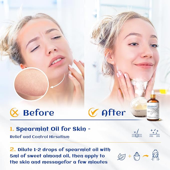 HIQILI Spearmint Essential Oil for Facial Hair, Skin Care | Includes 10ml Travel Bottl, Can be Added to Lotions, CreamsTreatment Grade - 100ml / 3.38 fl oz