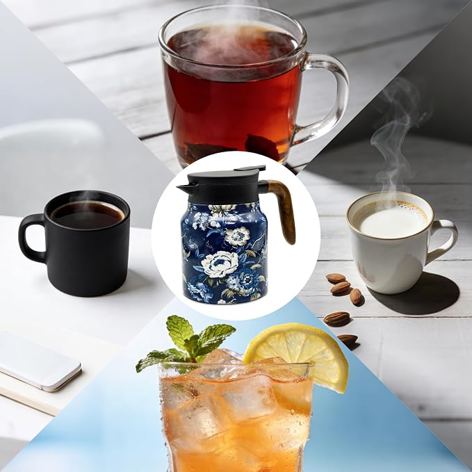 35 OZ Camellia Vintage Floral Tea Pot with Infuser, Large Capacity Insulated Stainless Steel Tea Kettle, 12 Hour Hot/Cold Retention, Tea-Water Separation Loose Leaf Tea Steeper for Hot Drinks
