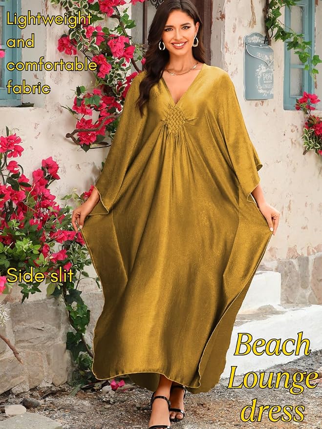 ChiaoLezhee Print Moo-Moos for Women, Kaftan Cover-Up Dresses, Sexy V-Neck High-Slit, Beach Pool-Party Coverups Muumuu Plus