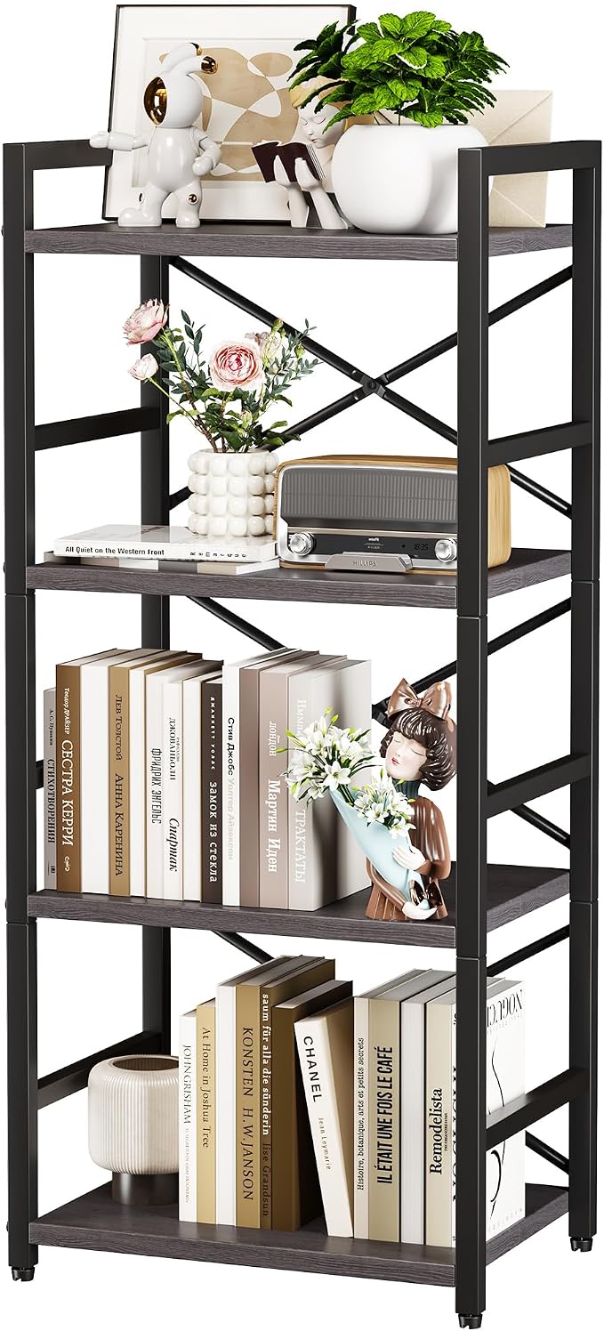 Homeiju Grey Bookshelf, 4 Tier Small Bookcase for CD/Movie/Book, Book Shelf Organization and Storage for Bedroom, Kid's Room, and Home Furniture (Grey)