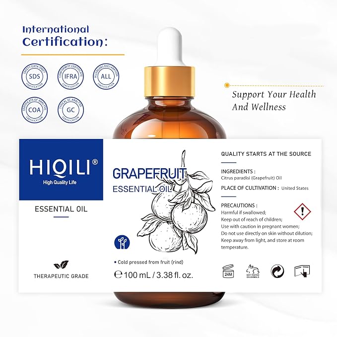 HIQILI 100 ml Grapefruit Essential Oil, for Diffuser, Skin Care - 3.38 Fl Oz