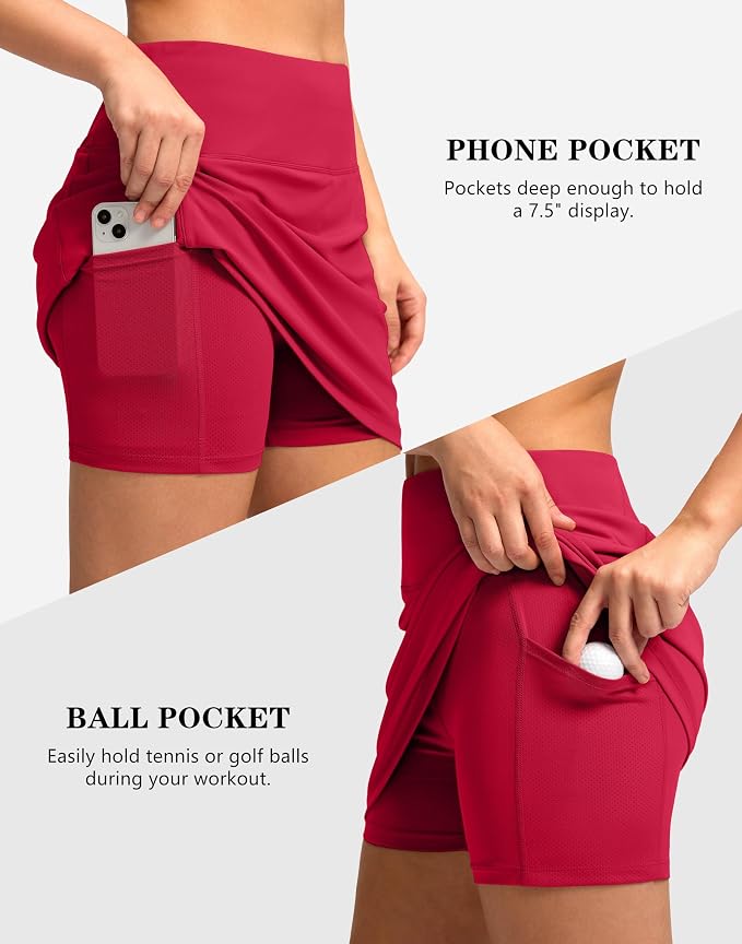 Women's Golf Skirts Skort 4 Side Pockets High Waisted Stretchy Tennis Skirt | Silky Soft, Lightweight, Breathable, Built-in Mesh Shorts, High Waisted, Elastic waistband, Moisture-Wicking, Athletic