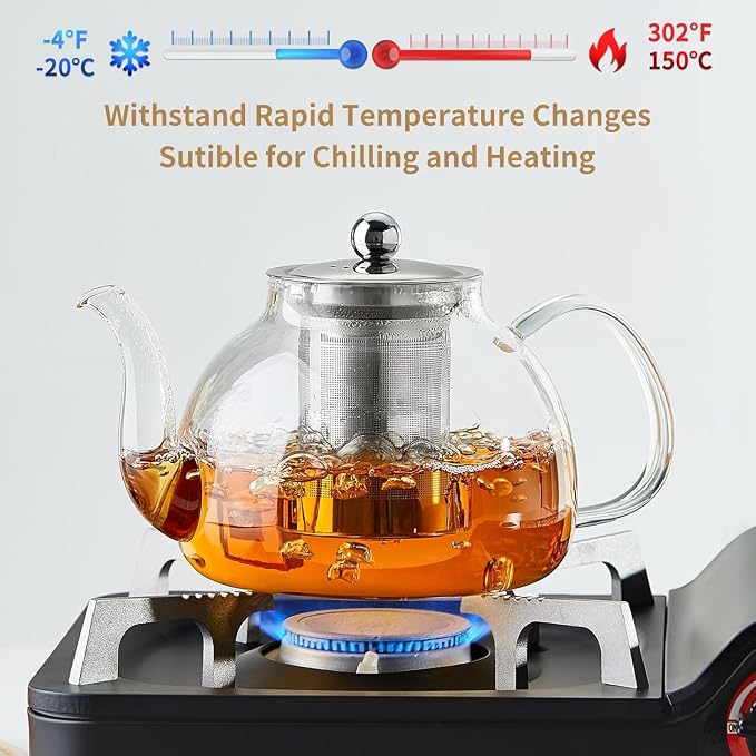 DOPUDO 24 Pack 40OZ (1200ML) Glass Teapot with Infuser Stovetop Safe, Clear Glass Tea Pot Kettle, Borosilicate Tea Pot with Infusers Filter for Loose Tea, Tea Kettle Dishwasher Safe