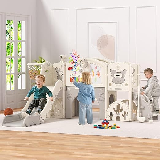 BIERUM Toddler Slide Set with Basketball Hoop, Golf Game & Drawing Board, 13-in-1 Indoor Outdoor Toddler Slides Playground for Kids Ages 1+, Kids Climber Playset for Backyard (Cream&Gray)