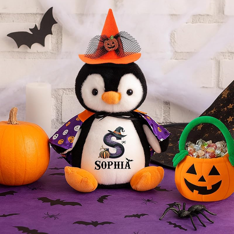 Custom Halloween Plushies Penguin Stuffed Animal, 13.8" Personalized Penguin Toy with Name Date Message, Baby's First Halloween Plush Gift for Kids Boys Girls