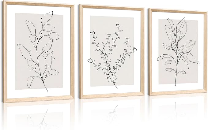 HesenDot Minimalist Botanical Framed Wall Art, Line Drawing Canvas Prints | 12x16IN Set of 3, High Framed Design Prints, Neutral Plant Artwork Wall Decor for Living Room Bedroom Bathroom Office