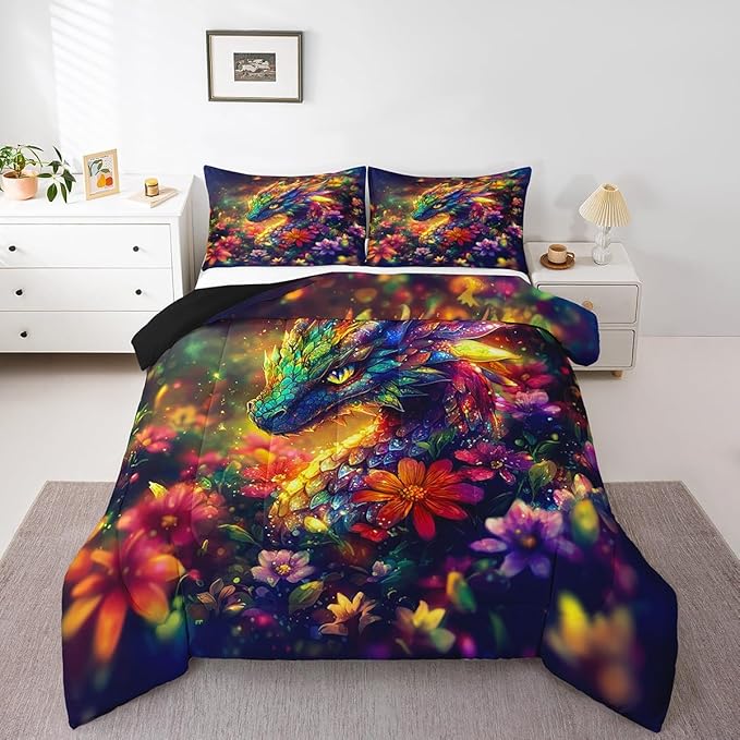 Feelyou Dragon Comforter Set King Size Shiny Dragon Comforter for Boys Girls Teens Wild Life Bedding Set Dragon Decor Duvet Set Room Decor Muticolor Quilt Set