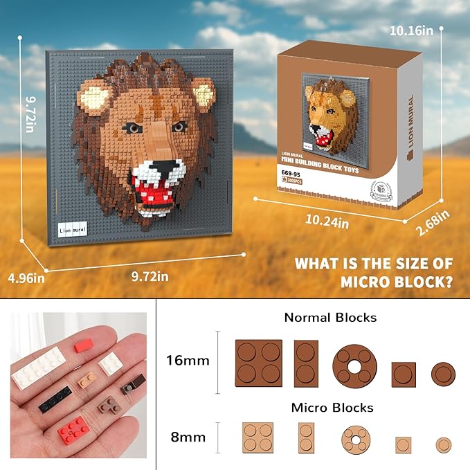 Lion Animal 3D Wall Art Micro Mini Building Blocks Set for Adults, Unique Home Wall Decor or Table Display, No Compatible with Lego, Ideal Birthday Toy for Kids Teens (2005 PCS)