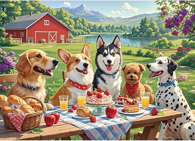 1000 Pieces Jigsaw Puzzles for Adults, Animal Series - Detailed Wildlife Art, Educational Family Game, Large 28" x 20", Great Gift for Animal Lovers & Home Decor（Puppy Picnic）