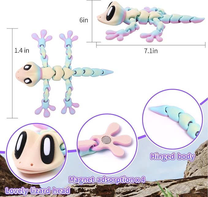 3D Printed Articulated Lizard, Flexible Dynamic Animals Toys, Full Articulated Toy with Magnets, Adults Fidget Toys for Autism ADHD, Home Office Decor, Festival Gifts (Colorful)