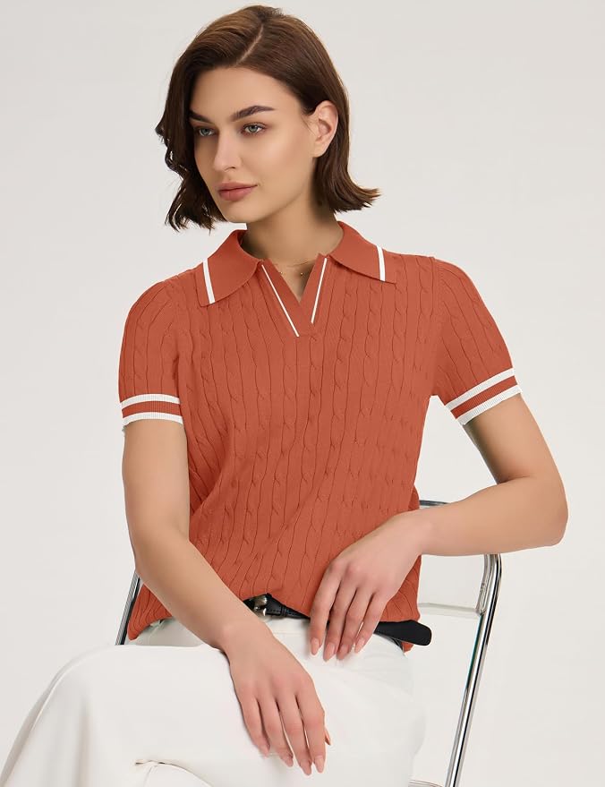 Micoson Womens Short Sleeve Sweater Tops Lapel V Neck Polo Shirts 2026 | Summer Cable Knit Loose Blouses, Business Casual Outfits