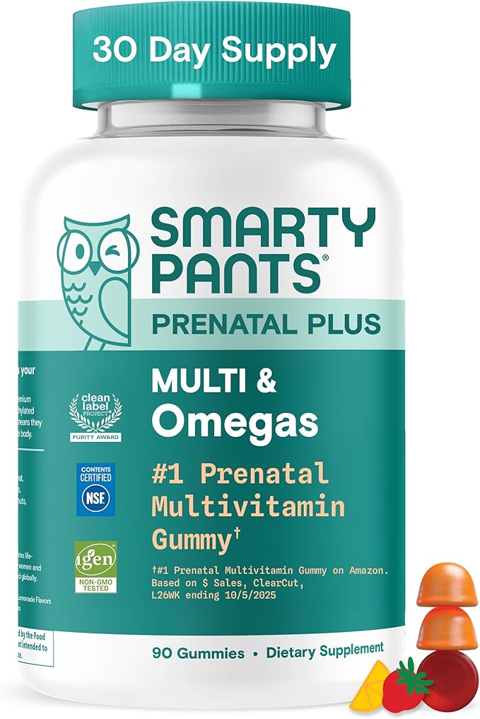 SmartyPants Prenatal Multivitamin Gummies - Improved Formula: Omega 3 (DHA/EPA), Methylfolate, Biotin, Vitamin D3, C, Vitamin B12, B6, Vitamin A, K & Zinc, Gluten Free, 90 Count (30 Day Supply)