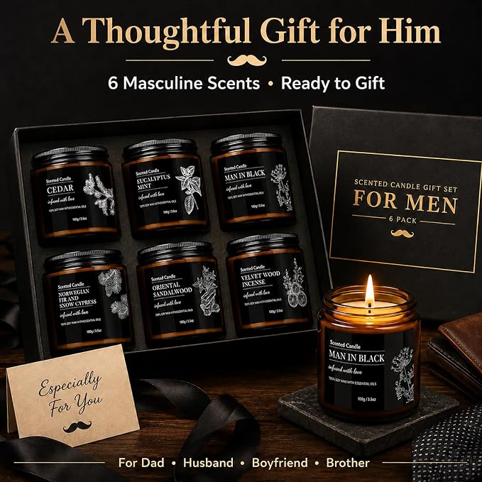 Scented Candles for Men, 6 Pack Soy Candle Gift Set, 150 Hour Burn Time, Sandalwood Cedar Aromatherapy Candles Gifts for Birthday Christmas for Men Dad Husband Boyfriend