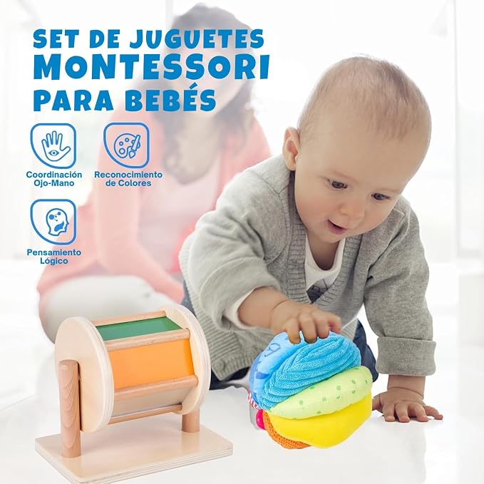 Montessori Baby Toys Play Kit Montessori, Medium Spinning Drum and Rainbow Fabric Ball Kit Toys for6-12Months Toddlers (Play Kit 3)