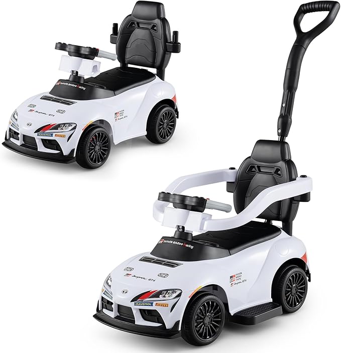 Costzon Push Car for Toddlers, 3 in 1 Toyota Licensed Stroller Sliding Walking Car w/Handle, Music, Safety Guardrail, Under-Seat Storage, Foot-to-Floor Kids Ride On Toys for Boys Girls (White)