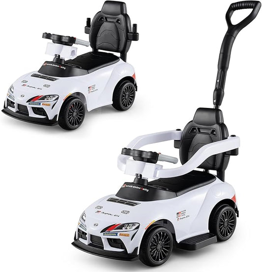 Costzon Push Car for Toddlers, 3 in 1 Toyota Licensed Stroller Sliding Walking Car w/Handle, Music, Safety Guardrail, Under-Seat Storage, Foot-to-Floor Kids Ride On Toys for Boys Girls (White)