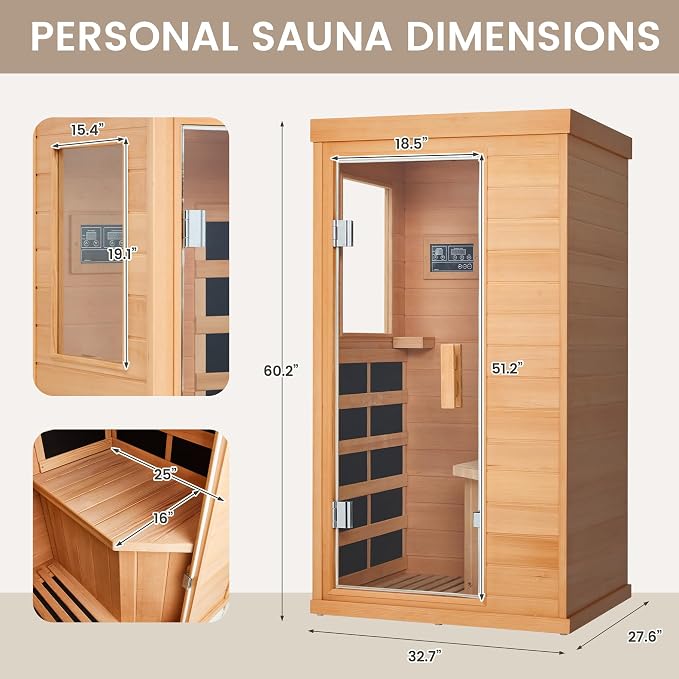 1 Person Sauna, Infrared Home Sauna for Detox & Muscle Recovery, Full Spectrum Hemlock Wooden Dry Sauna with Bluetooth & Tempered Glass Door, Compact Personal Sauna for Gym, 110V